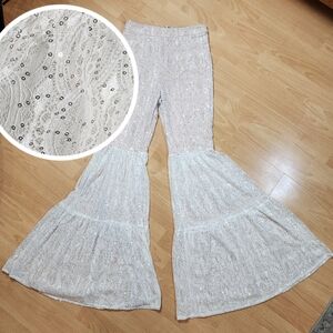 Blithe LA White Sequin Lace Flare Tiered Bell Pants Boho Festival Highrise Small